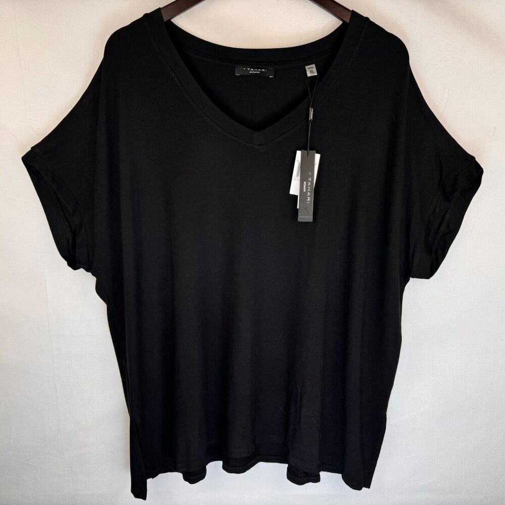 Tahari Top Sz 1X Black V Neck Cap Short Sleeve Rayon Spandex